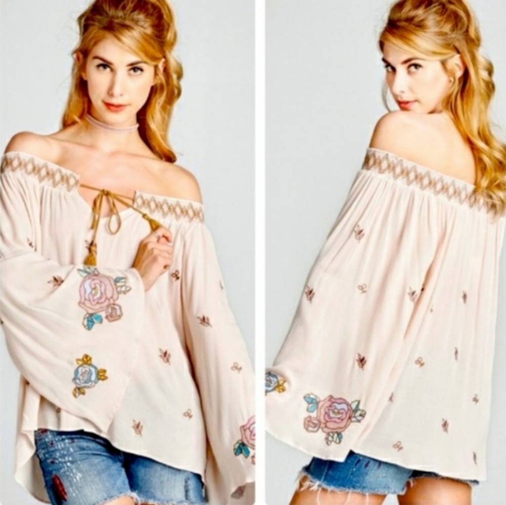 Free People Mauve Pink Sheer Embroidered Ties at Neckline Off Shoulder Size SP